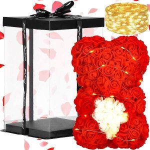Springos Miś z płatków róż czerwony z sercem, 30 cm rose bear z lampkami LED biały ciepły UNIWERSALNY 12