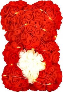 Springos Miś z płatków róż czerwony z sercem, 30 cm rose bear z lampkami LED biały ciepły UNIWERSALNY 3