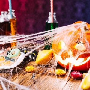 Springos Dekoracja na Halloween pajęczyna z 2 pająkami 20g ozdoba sieć pajęcza 1,9 m UNIWERSALNY 2