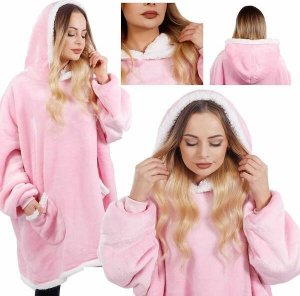 Springos Kocobluza damska oversize koc bluza 2w1 z kapturem ciepła różowa UNIWERSALNY 37