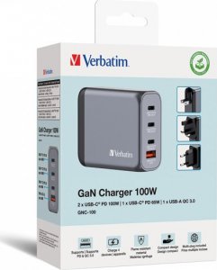 Verbatim Ładowarka GaN Verbatim, USB 3.0, USB C, szara, 100 W, wymienne końcówki C,G,A 7