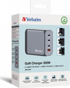 Verbatim Ładowarka GaN Verbatim, USB 3.0, USB C, szara, 200 W, wymienne końcówki C,G,A 6