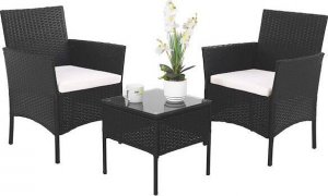 Springos Meble ogrodowe technorattan zestaw 2 fotele i stolik ze szklanym blatem czarny UNIWERSALNY 1