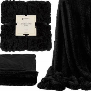 Springos Narzuta na łóżko, pled 200x220 cm dwustronny koc włochacz na kanapę czarny UNIWERSALNY 1
