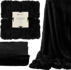 Springos Narzuta na łóżko, pled 160x200 cm dwustronny koc włochacz na kanapę czarny UNIWERSALNY 1