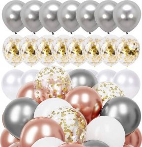 Springos Balony urodzinowe 50 szt. zestaw dekoracje białe, szare, różowe, z konfetti UNIWERSALNY 1