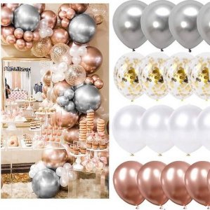 Springos Balony urodzinowe 50 szt. zestaw dekoracje białe, szare, różowe, z konfetti UNIWERSALNY 8