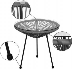 Springos Stół ogrodowy rattanowy ze szklanym blatem 50 cm okrągły stolik na balkon czarno-szary UNIWERSALNY 14