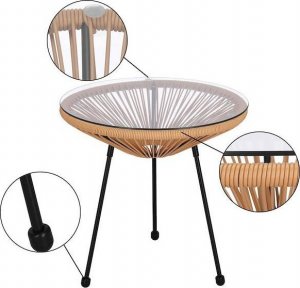 Springos Stół ogrodowy, stolik rattanowy na taras blat szkło hartowane 50 cm okrągły beżowy UNIWERSALNY 14