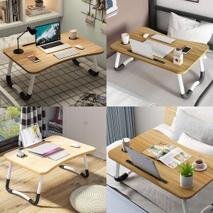 Severno Składany stolik pod laptopa w kolorze drewna z miejscem na kubek i szufladą 2