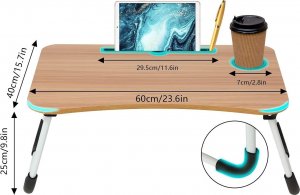 Severno Składany stolik pod laptopa w kolorze drewna z miejscem na kubek i szufladą 6