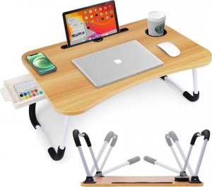 Podstawka pod laptopa Severno Składany stolik pod laptopa w kolorze drewna z miejscem na kubek i szufladą 1