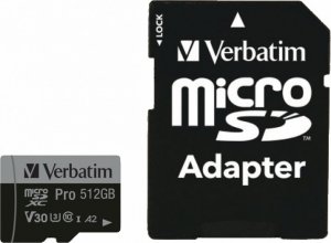 Karta Verbatim Karta pamięci Micro SDXC Verbatim Pro U3 512GB (100/90 MB/s) Class 10 U3 V30 + adapter 1