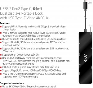 HUB USB Club 3D Club 3D dokovací stanice USB-C 3.2 Gen1 6in1 Hub 1x USB-C Video 4K60Hz, 1x HDMI 4K60Hz, 2x USB-A, USB-C PD 100W, RJ45 12