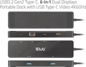 HUB USB Club 3D Club 3D dokovací stanice USB-C 3.2 Gen1 6in1 Hub 1x USB-C Video 4K60Hz, 1x HDMI 4K60Hz, 2x USB-A, USB-C PD 100W, RJ45 13