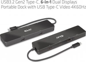 HUB USB Club 3D Club 3D dokovací stanice USB-C 3.2 Gen1 6in1 Hub 1x USB-C Video 4K60Hz, 1x HDMI 4K60Hz, 2x USB-A, USB-C PD 100W, RJ45 14