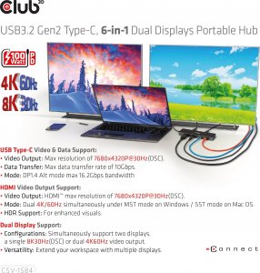 HUB USB Club 3D Club 3D dokovací stanice USB-C 3.2 Gen1 6in1 Hub 1x USB-C Video 4K60Hz, 1x HDMI 4K60Hz, 2x USB-A, USB-C PD 100W, RJ45 17