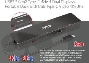 HUB USB Club 3D Club 3D dokovací stanice USB-C 3.2 Gen1 6in1 Hub 1x USB-C Video 4K60Hz, 1x HDMI 4K60Hz, 2x USB-A, USB-C PD 100W, RJ45 8