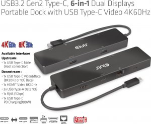HUB USB Club 3D Club 3D dokovací stanice USB-C 3.2 Gen1 6in1 Hub 1x USB-C Video 4K60Hz, 1x HDMI 4K60Hz, 2x USB-A, USB-C PD 100W, RJ45 9