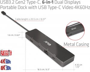 HUB USB Club 3D Club 3D dokovací stanice USB-C 3.2 Gen1 6in1 Hub 1x USB-C Video 4K60Hz, 1x HDMI 4K60Hz, 2x USB-A, USB-C PD 100W, RJ45 10