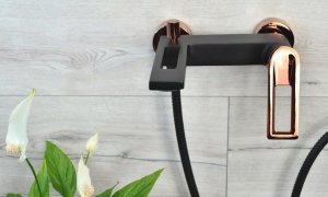 Sotbe SOTBE LOFT SVART GOLD bateria wannowa ścienna + wysoka bateria umywalkowa czarno złota ROSE GOLD 11