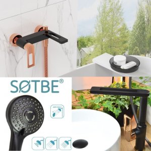 Sotbe SOTBE LOFT SVART GOLD bateria wannowa ścienna + wysoka bateria umywalkowa czarno złota ROSE GOLD 14