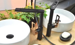 Sotbe SOTBE LOFT SVART GOLD bateria wannowa ścienna + wysoka bateria umywalkowa czarno złota ROSE GOLD 3