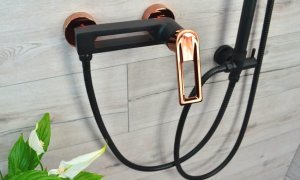 Sotbe SOTBE LOFT SVART GOLD Zestaw bateria prysznicowa + bateria umywalkowa wysoka + drążek prysznicowy 80cm 7