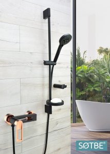 Sotbe SOTBE LOFT SVART GOLD Zestaw bateria prysznicowa + bateria umywalkowa wysoka + drążek prysznicowy 80cm 8