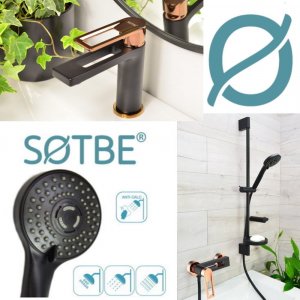 Sotbe SOTBE LOFT SVART GOLD Bateria prysznicowa + umywalkowa stojąca czarno złota z korkiem klik klak BLACK ROSE GOLD 2