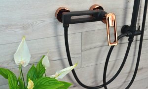 Sotbe SOTBE LOFT SVART GOLD Bateria prysznicowa + umywalkowa stojąca czarno złota z korkiem klik klak BLACK ROSE GOLD 7