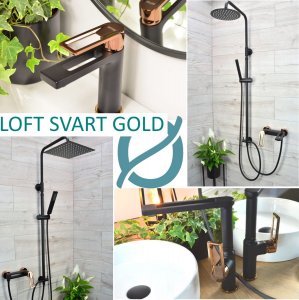 Sotbe SOTBE LOFT SVART GOLD Bateria prysznicowa + umywalkowa stojąca czarno złota z korkiem klik klak BLACK ROSE GOLD 9