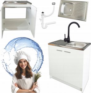 Stamar Biała Szafka Kuchenna Stojąca 80 cm + Zlew + Bateria Wysoka Czarna + Syfon 1