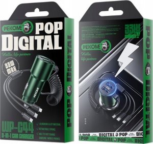 Ładowarka Wekome Ładowarka samochodowa z wbudowanym kablem 3w1 USB-C / Lightning / Micro USB + 2x USB-A 33W Czarna 2
