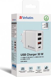 Ładowarka Verbatim Ładowarka sieciowa Verbatim 1xUSB-C PD 20W 1xUSB-A QC 3.0 2xUSB-A 10W UE biała 1