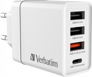 Ładowarka Verbatim Ładowarka sieciowa Verbatim 1xUSB-C PD 20W 1xUSB-A QC 3.0 2xUSB-A 10W UE biała 2