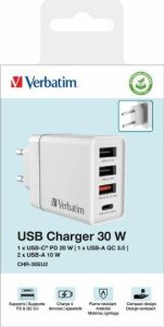 Ładowarka Verbatim Ładowarka sieciowa Verbatim 1xUSB-C PD 20W 1xUSB-A QC 3.0 2xUSB-A 10W UE biała 9