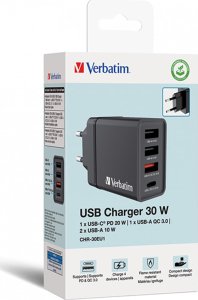 Ładowarka Verbatim Ładowarka sieciowa Verbatim 1xUSB-C PD 20W 1xUSB-A QC 3.0 2xUSB-A 10W UE czarna 1