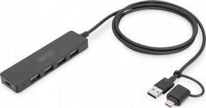 HUB USB Digitus Hub USB 3.0/Koncentrator DIGITUS 4-portowy SlimLine USB A + adapter USB-C 1,2m 5Gbps złącze zasilania USB-C 1
