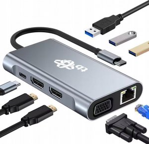 HUB USB TB Print HUB Adapter USB C 8w1 HDMIx2 USB VGA RJ45 PD 3