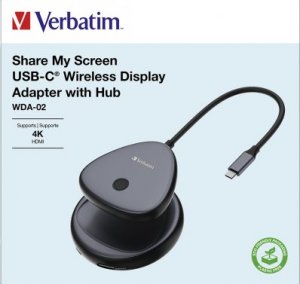 HUB USB Verbatim Bezprzewodowy adapter USB-C z koncentratorem WDA02 Share My Screen 4K 32147, czarny, długość przewodu 15cm, 13