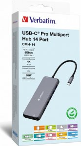 HUB USB Verbatim USB (3.2) hub 14-port, 32154, szary, długość przewodu 15cm, Verbatim, 2x USB C, 5x USB A, 2x HDMI, czytnik SD/micro SD 1