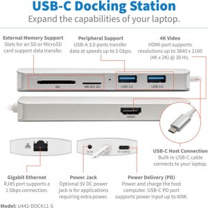 Stacja/replikator Eaton USB-C z serii Tripp Lite — 4K HDMI, USB 3.x (5 Gb/s), USB-A/C, GbE, karta pamięci, PD 60 W 2