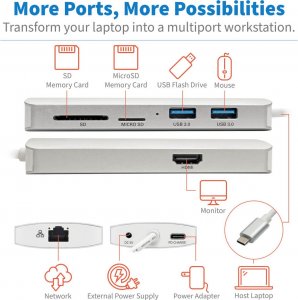 Stacja/replikator Eaton USB-C z serii Tripp Lite — 4K HDMI, USB 3.x (5 Gb/s), USB-A/C, GbE, karta pamięci, PD 60 W 3