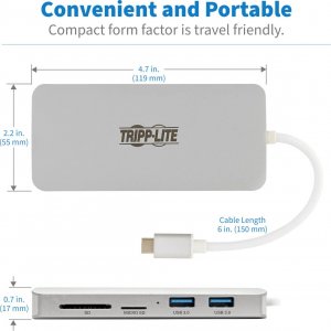 Stacja/replikator Eaton USB-C z serii Tripp Lite — 4K HDMI, USB 3.x (5 Gb/s), USB-A/C, GbE, karta pamięci, PD 60 W 4