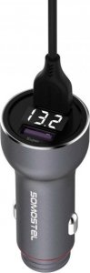 Ładowarka Somostel ŁADOWARKA SAMOCHODOWA 5A SREBRNY MIERNIK + KABEL TYP-C SOMOSTEL 30W 2XUSB DUAL SMS-A89 QUICK CHARGE QC 3.0 ALUMINIUM 3