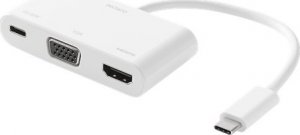 Kabel Deltaco Jungčių stotelė DELTACO USB-C į HDMI / VGA / USB-C, energijos perdavimas 2.0, 3840x2160 30 Hz, balta / USBC-HDMI20 1