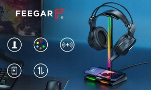 Feegar STOJAK NA SŁUCHAWKI HOLD Podświetlanie RGB HUB 3x USB Typ-C Indukcja 11