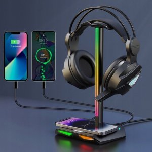 Feegar STOJAK NA SŁUCHAWKI HOLD Podświetlanie RGB HUB 3x USB Typ-C Indukcja 2