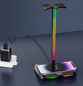 Feegar STOJAK NA SŁUCHAWKI HOLD Podświetlanie RGB HUB 3x USB Typ-C Indukcja 4